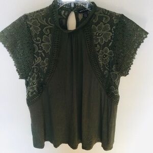 Cable & Gauge BOHO Olive Green Lace Chic Detail Women's Top Size XL